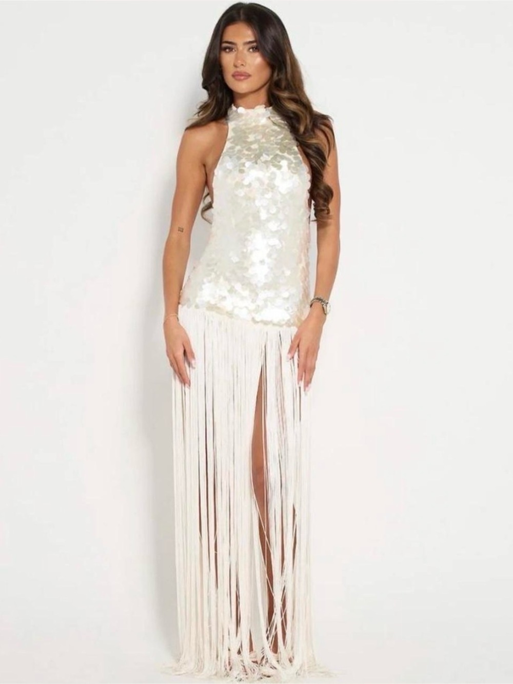 Ivory Sequin Halter Maxi Dress with Fringe Skirt